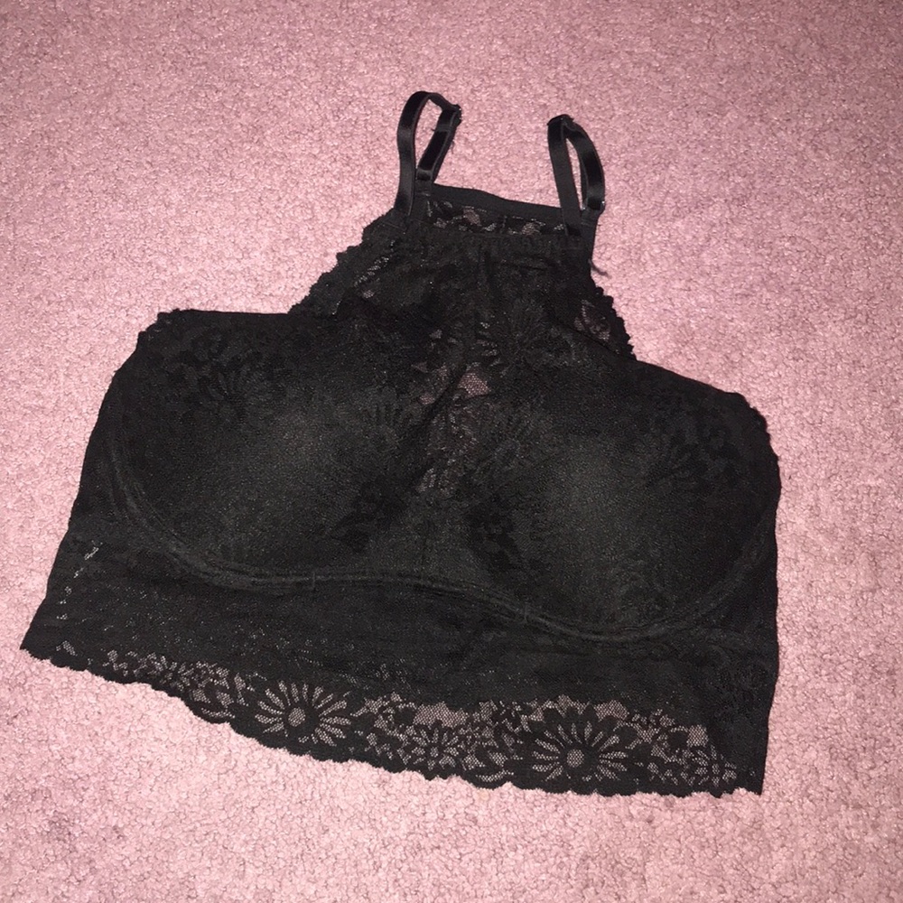 PINK high neck black lace bra